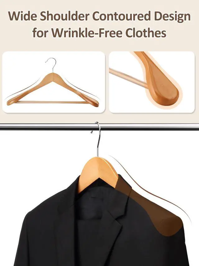 Alt view image 4 of 7 - Wide Shoulder Wooden Hangers 8 Pack Coat Hanger with Non Slip Pants Bar, Heavy Duty Suit Hanger Wood Clothes Hangers with Smooth Finish 360° Swivel Hook for Sweater Jackets Shirts Natural