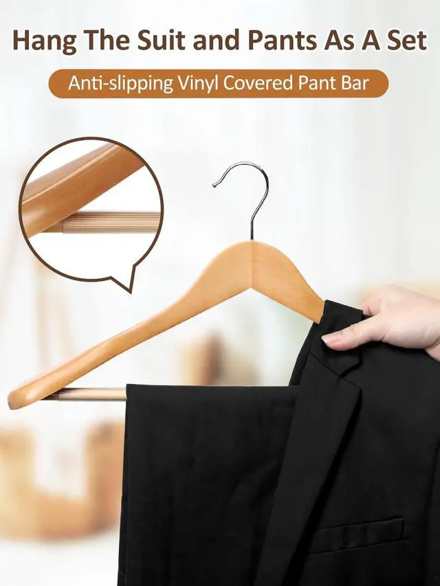 Alt view image 5 of 7 - Wide Shoulder Wooden Hangers 8 Pack Coat Hanger with Non Slip Pants Bar, Heavy Duty Suit Hanger Wood Clothes Hangers with Smooth Finish 360° Swivel Hook for Sweater Jackets Shirts Natural