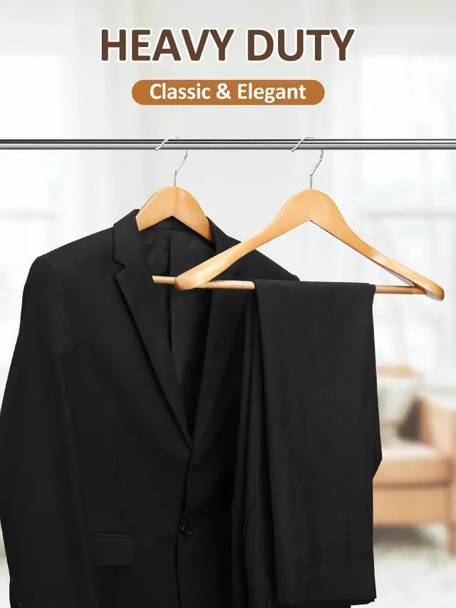 Alt view image 7 of 7 - Wide Shoulder Wooden Hangers 8 Pack Coat Hanger with Non Slip Pants Bar, Heavy Duty Suit Hanger Wood Clothes Hangers with Smooth Finish 360° Swivel Hook for Sweater Jackets Shirts Natural