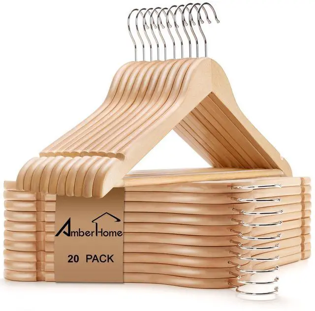 Main image of 20 Pack Wooden Coat Hangers, Natural Wood Suit Hangers with Non-Slip Pant Bar, Clothes Hangers for Closet Organization, Shirts, Jackets, Dresses, and Pants (Natural, 20)