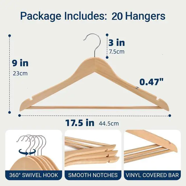 Alt view image 2 of 7 - 20 Pack Wooden Coat Hangers, Natural Wood Suit Hangers with Non-Slip Pant Bar, Clothes Hangers for Closet Organization, Shirts, Jackets, Dresses, and Pants (Natural, 20)