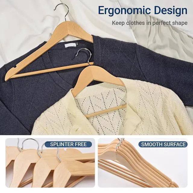 Alt view image 3 of 7 - 20 Pack Wooden Coat Hangers, Natural Wood Suit Hangers with Non-Slip Pant Bar, Clothes Hangers for Closet Organization, Shirts, Jackets, Dresses, and Pants (Natural, 20)