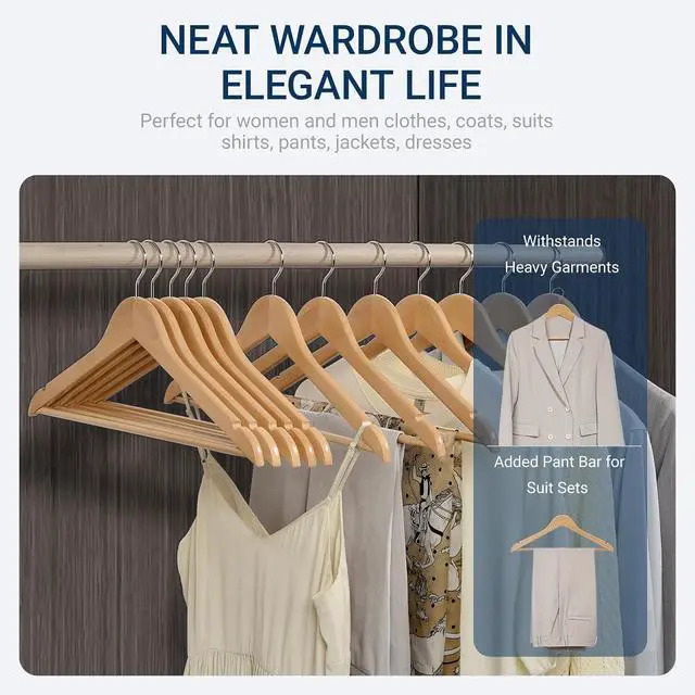 Alt view image 7 of 7 - 20 Pack Wooden Coat Hangers, Natural Wood Suit Hangers with Non-Slip Pant Bar, Clothes Hangers for Closet Organization, Shirts, Jackets, Dresses, and Pants (Natural, 20)