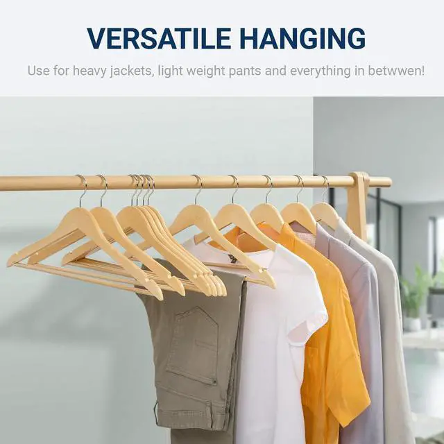 Alt view image 6 of 7 - 20 Pack Wooden Coat Hangers, Natural Wood Suit Hangers with Non-Slip Pant Bar, Clothes Hangers for Closet Organization, Shirts, Jackets, Dresses, and Pants (Natural, 20)