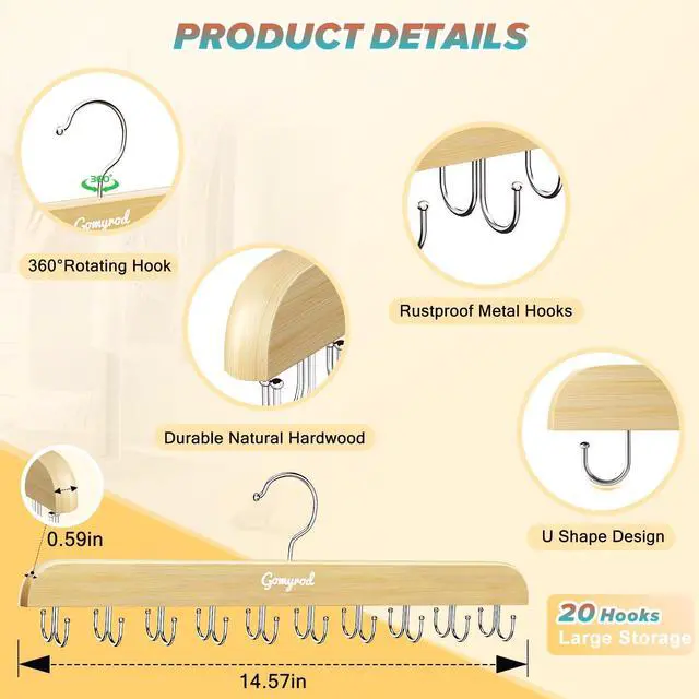 Alt view image 2 of 7 - Bra Hanger for Closet, Tank Top Hangers 2 Pack w/20 Hooks Holds 40 Bras, Capacity Foldable Wood Space Saving Hanger, 360°Rotating Closet Organizers and Storage for Dorm & Apartment