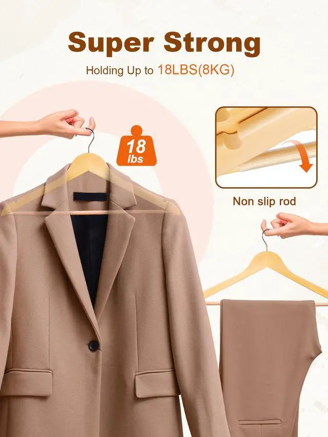 Alt view image 2 of 7 - Wooden Hangers 20 Pack, Solid Wood Hanger with Non Slip Pant Bar, Heavy Duty Wooden Coat Hanger for Closet, Smooth Finish Wood Clothes Hangers for Shirts, Suits, Jackets, Dresses, Natural