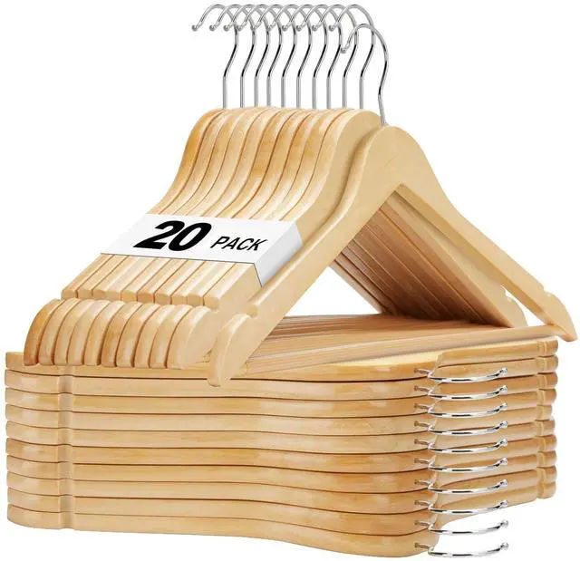 Main image of Wooden Hangers 20 Pack, Solid Wood Hanger with Non Slip Pant Bar, Heavy Duty Wooden Coat Hanger for Closet, Smooth Finish Wood Clothes Hangers for Shirts, Suits, Jackets, Dresses, Natural