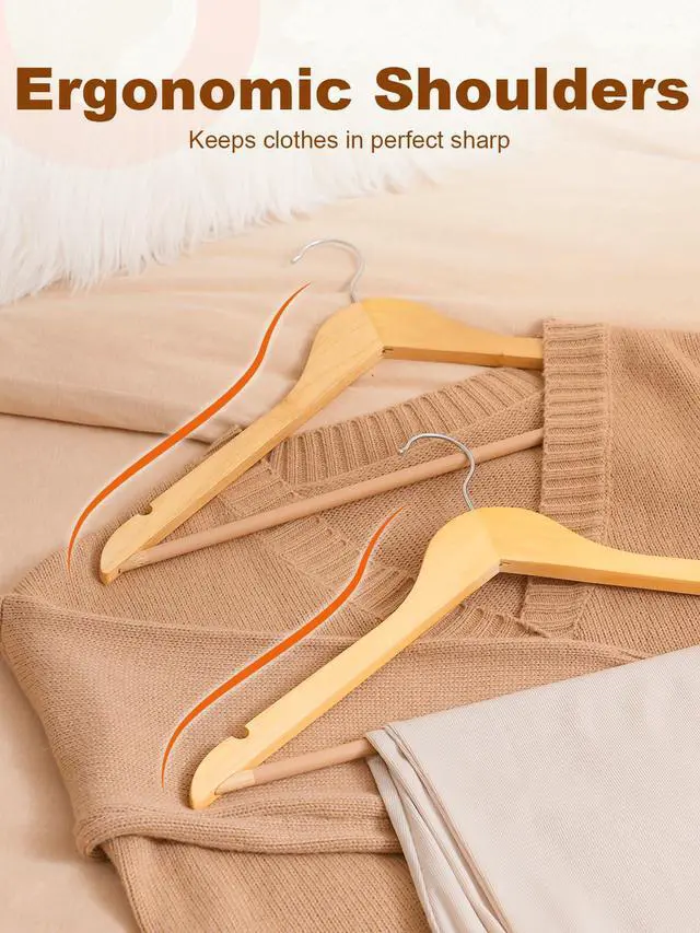 Alt view image 5 of 7 - Wooden Hangers 20 Pack, Solid Wood Hanger with Non Slip Pant Bar, Heavy Duty Wooden Coat Hanger for Closet, Smooth Finish Wood Clothes Hangers for Shirts, Suits, Jackets, Dresses, Natural