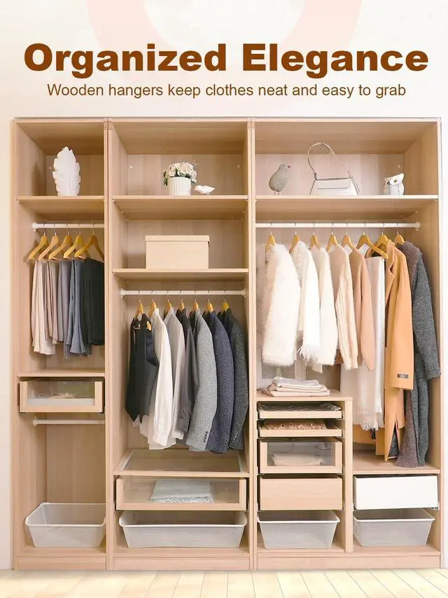 Alt view image 7 of 7 - Wooden Hangers 20 Pack, Solid Wood Hanger with Non Slip Pant Bar, Heavy Duty Wooden Coat Hanger for Closet, Smooth Finish Wood Clothes Hangers for Shirts, Suits, Jackets, Dresses, Natural