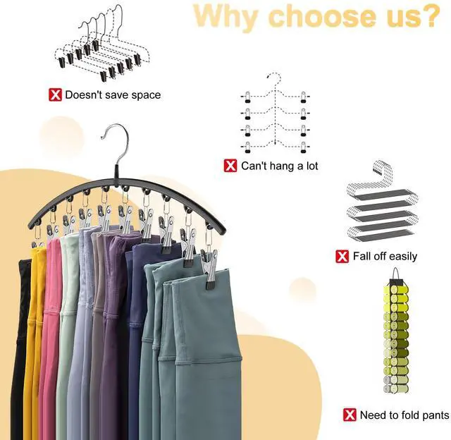 Alt view image 2 of 7 - Legging Organizer for Closet, 2 Pack Metal Yoga Pants Hangers w/10 Clips Holds 20 Leggings, Space Saving Hanging Closet Organizer w/Rubber Coated Closet Organizers and Storage, Black