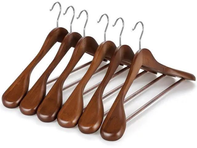 Main image of Wide Shoulder Wooden Hangers, Suit Hangers with Non Slip Pants Bar & 360° Swivel Hook, Solid Wood Heavy Duty Coat Hanger, 6 Pack (Walnut)-CT02WA