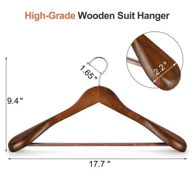 Alt view image 2 of 7 - Wide Shoulder Wooden Hangers, Suit Hangers with Non Slip Pants Bar & 360° Swivel Hook, Solid Wood Heavy Duty Coat Hanger, 6 Pack (Walnut)-CT02WA