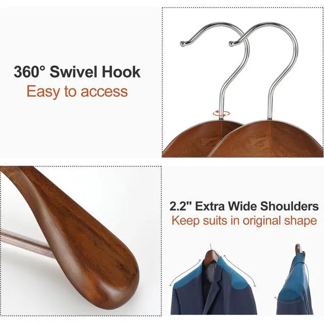 Alt view image 3 of 7 - Wide Shoulder Wooden Hangers, Suit Hangers with Non Slip Pants Bar & 360° Swivel Hook, Solid Wood Heavy Duty Coat Hanger, 6 Pack (Walnut)-CT02WA