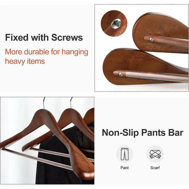 Alt view image 4 of 7 - Wide Shoulder Wooden Hangers, Suit Hangers with Non Slip Pants Bar & 360° Swivel Hook, Solid Wood Heavy Duty Coat Hanger, 6 Pack (Walnut)-CT02WA