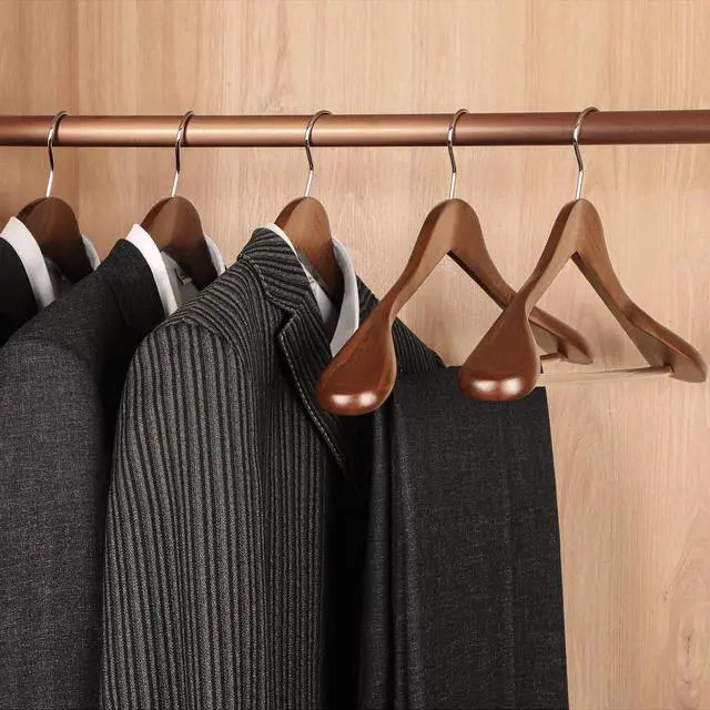 Alt view image 5 of 7 - Wide Shoulder Wooden Hangers, Suit Hangers with Non Slip Pants Bar & 360° Swivel Hook, Solid Wood Heavy Duty Coat Hanger, 6 Pack (Walnut)-CT02WA