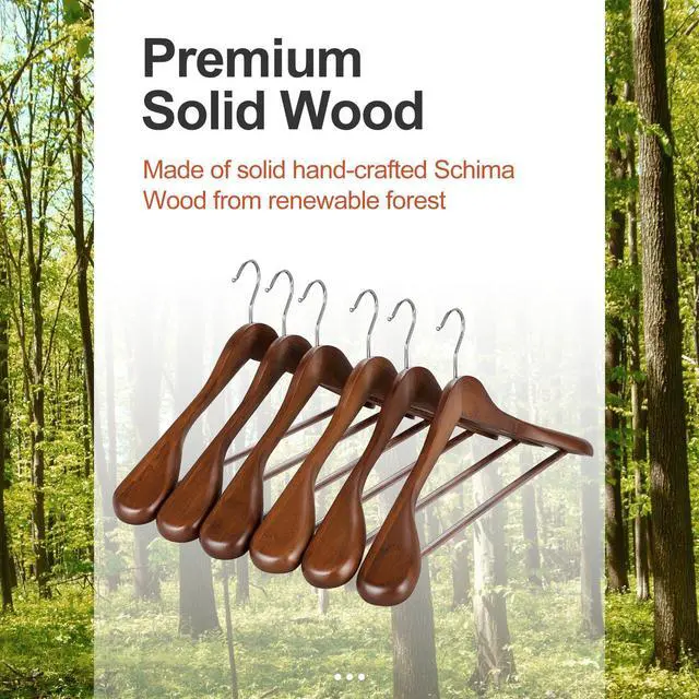 Alt view image 6 of 7 - Wide Shoulder Wooden Hangers, Suit Hangers with Non Slip Pants Bar & 360° Swivel Hook, Solid Wood Heavy Duty Coat Hanger, 6 Pack (Walnut)-CT02WA