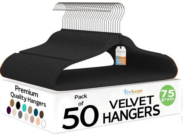 Main image of 50 Pack New Premium Quality Velvet Hangers Ultra Thin Non Slip Adult Felt Space Saving Hangers for Closet Heavy Duty Coat Pants Jackets Dress Hangers 360° Swivel Hook Hold Upto 10 lbs Black