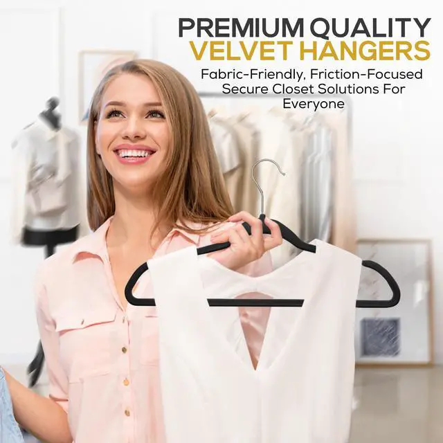 Alt view image 4 of 6 - 50 Pack New Premium Quality Velvet Hangers Ultra Thin Non Slip Adult Felt Space Saving Hangers for Closet Heavy Duty Coat Pants Jackets Dress Hangers 360° Swivel Hook Hold Upto 10 lbs Black