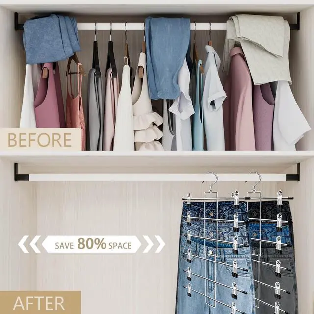 Alt view image 2 of 6 - Pants Hangers with Clips,Space Saving Hanging Closet Organizer-6 Tiers Skirt Hangers with 360° Swivel Hook,Closet Organizer-Clothes Hangers- College Dorm Essentials Apartment Essentials-2 Pack