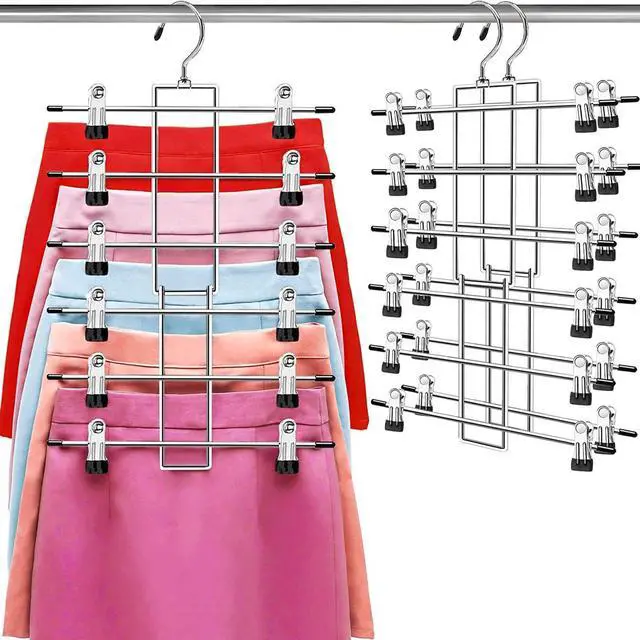 Main image of Pants Hangers with Clips,Space Saving Hanging Closet Organizer-6 Tiers Skirt Hangers with 360° Swivel Hook,Closet Organizer-Clothes Hangers- College Dorm Essentials Apartment Essentials-2 Pack