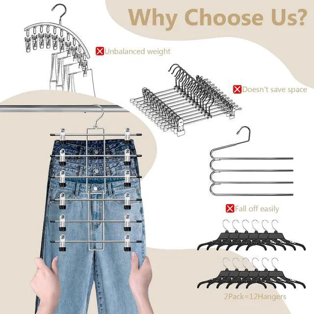 Alt view image 3 of 6 - Pants Hangers with Clips,Space Saving Hanging Closet Organizer-6 Tiers Skirt Hangers with 360° Swivel Hook,Closet Organizer-Clothes Hangers- College Dorm Essentials Apartment Essentials-2 Pack