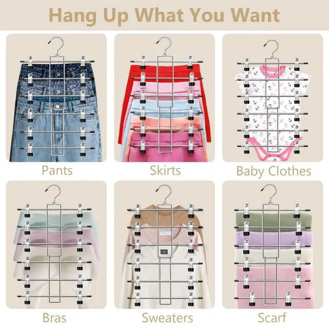 Alt view image 4 of 6 - Pants Hangers with Clips,Space Saving Hanging Closet Organizer-6 Tiers Skirt Hangers with 360° Swivel Hook,Closet Organizer-Clothes Hangers- College Dorm Essentials Apartment Essentials-2 Pack