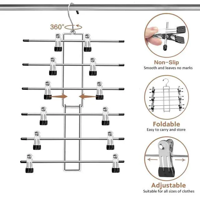 Alt view image 6 of 6 - Pants Hangers with Clips,Space Saving Hanging Closet Organizer-6 Tiers Skirt Hangers with 360° Swivel Hook,Closet Organizer-Clothes Hangers- College Dorm Essentials Apartment Essentials-2 Pack