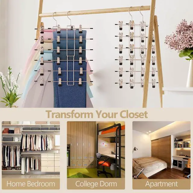 Alt view image 5 of 6 - Pants Hangers with Clips,Space Saving Hanging Closet Organizer-6 Tiers Skirt Hangers with 360° Swivel Hook,Closet Organizer-Clothes Hangers- College Dorm Essentials Apartment Essentials-2 Pack