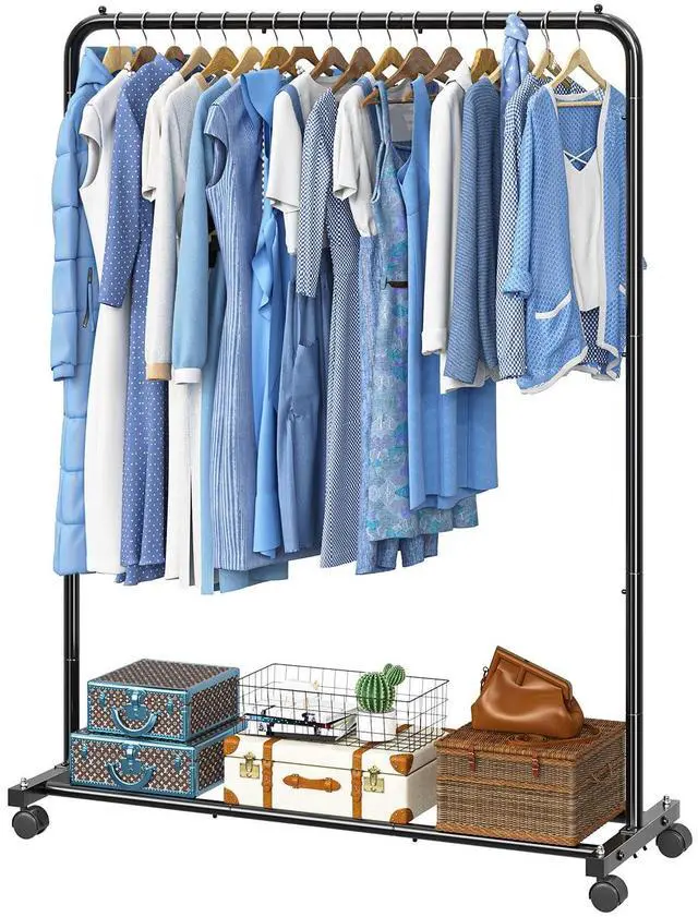 Main image of Clothing Rack for Hanging clothes, Portable Garment Rack with Bottom Shelf, Metal Clothes Rack on Wheels for Bedroom, Laundry Room, Black