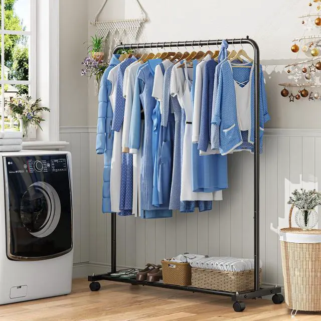 Alt view image 2 of 7 - Clothing Rack for Hanging clothes, Portable Garment Rack with Bottom Shelf, Metal Clothes Rack on Wheels for Bedroom, Laundry Room, Black