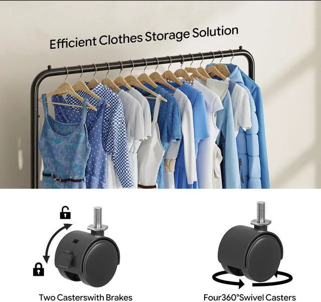 Alt view image 4 of 7 - Clothing Rack for Hanging clothes, Portable Garment Rack with Bottom Shelf, Metal Clothes Rack on Wheels for Bedroom, Laundry Room, Black