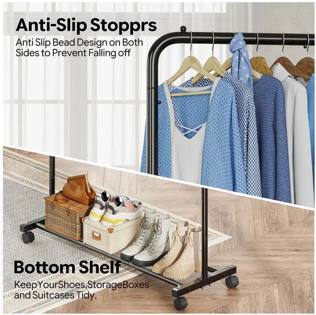 Alt view image 5 of 7 - Clothing Rack for Hanging clothes, Portable Garment Rack with Bottom Shelf, Metal Clothes Rack on Wheels for Bedroom, Laundry Room, Black