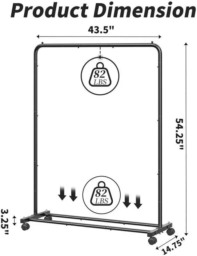 Alt view image 6 of 7 - Clothing Rack for Hanging clothes, Portable Garment Rack with Bottom Shelf, Metal Clothes Rack on Wheels for Bedroom, Laundry Room, Black