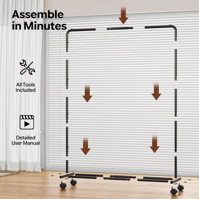 Alt view image 7 of 7 - Clothing Rack for Hanging clothes, Portable Garment Rack with Bottom Shelf, Metal Clothes Rack on Wheels for Bedroom, Laundry Room, Black