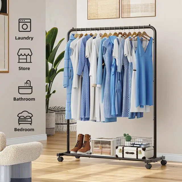 Alt view image 3 of 7 - Clothing Rack for Hanging clothes, Portable Garment Rack with Bottom Shelf, Metal Clothes Rack on Wheels for Bedroom, Laundry Room, Black