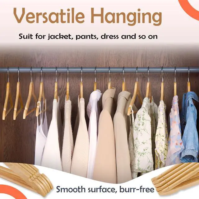 Alt view image 3 of 7 - Solid Wooden Hangers 20 Pack, Wood Suit Hangers with Extra Smooth Finish, Precisely Cut Notches and Chrome Swivel Hook, Clothes Hangers for Shirt Coat Jacket Dress, Natural
