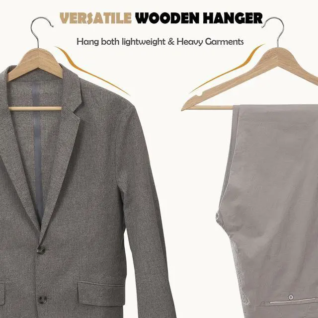 Alt view image 6 of 7 - Solid Wooden Hangers 20 Pack, Wood Suit Hangers with Extra Smooth Finish, Precisely Cut Notches and Chrome Swivel Hook, Clothes Hangers for Shirt Coat Jacket Dress, Natural