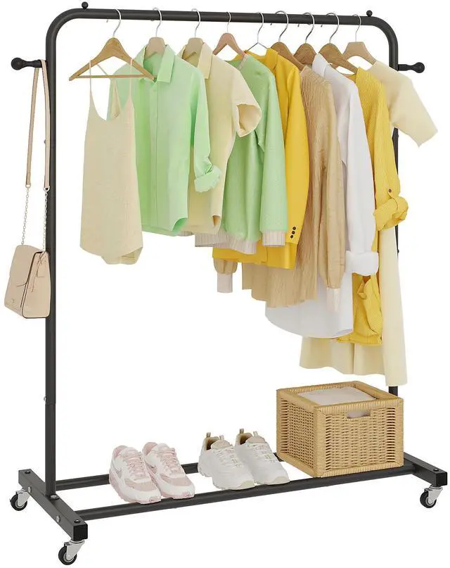 Main image of Clothing Rack on Wheels with Storage Shelf & Sturdy Metal Frame, Retail Clothing Rack for Hanging Clothes, Coats, Skirts,Space-Saving Mobile Organizer for Closet, Bedroom, Laundry Room, Black
