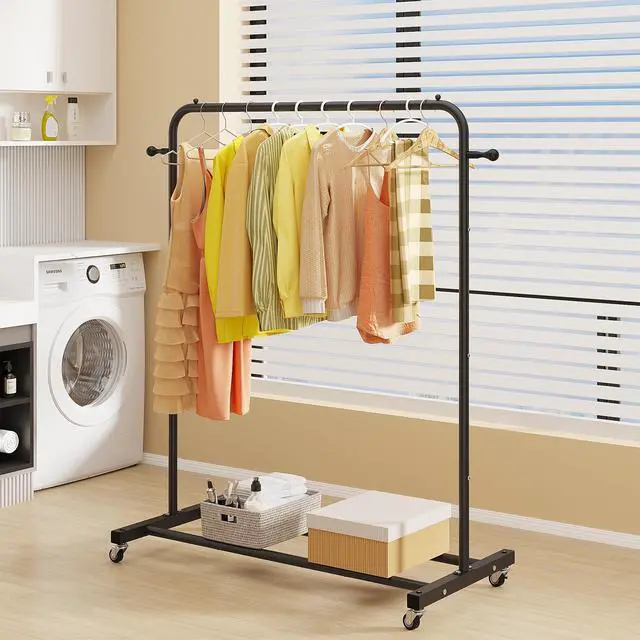 Alt view image 2 of 6 - Clothing Rack on Wheels with Storage Shelf & Sturdy Metal Frame, Retail Clothing Rack for Hanging Clothes, Coats, Skirts,Space-Saving Mobile Organizer for Closet, Bedroom, Laundry Room, Black