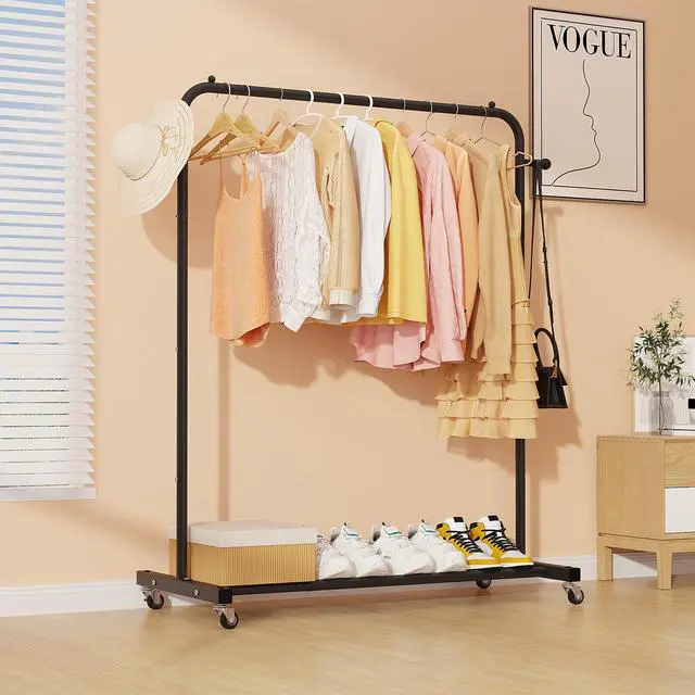 Alt view image 4 of 6 - Clothing Rack on Wheels with Storage Shelf & Sturdy Metal Frame, Retail Clothing Rack for Hanging Clothes, Coats, Skirts,Space-Saving Mobile Organizer for Closet, Bedroom, Laundry Room, Black