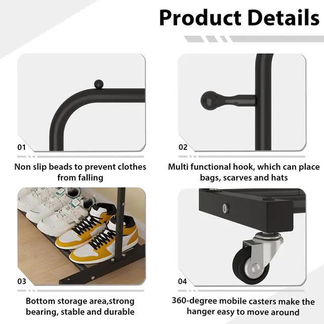 Alt view image 5 of 6 - Clothing Rack on Wheels with Storage Shelf & Sturdy Metal Frame, Retail Clothing Rack for Hanging Clothes, Coats, Skirts,Space-Saving Mobile Organizer for Closet, Bedroom, Laundry Room, Black