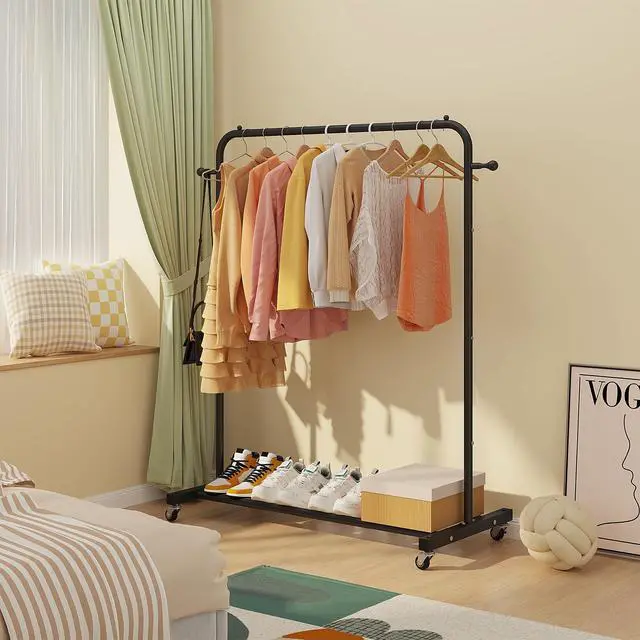 Alt view image 6 of 6 - Clothing Rack on Wheels with Storage Shelf & Sturdy Metal Frame, Retail Clothing Rack for Hanging Clothes, Coats, Skirts,Space-Saving Mobile Organizer for Closet, Bedroom, Laundry Room, Black