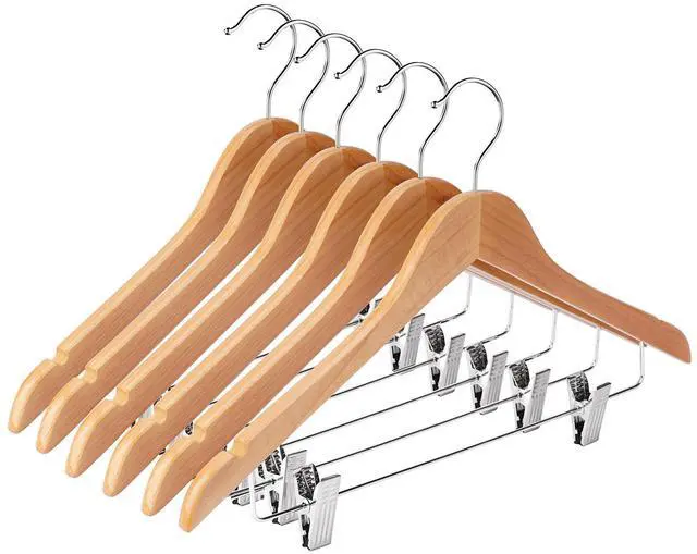 Main image of Wooden Hangers with Clips 12 Pack Wooden Pants Hangers,Skirt Hangers with Adjustable Clips,Hangers for Pants,Jeans,Slacks,ShortsNatural