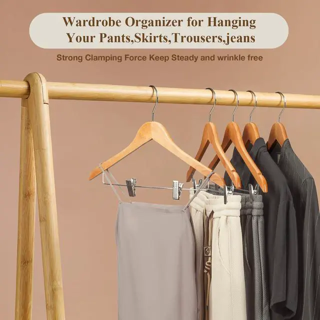 Alt view image 4 of 7 - Wooden Hangers with Clips 12 Pack Wooden Pants Hangers,Skirt Hangers with Adjustable Clips,Hangers for Pants,Jeans,Slacks,ShortsNatural