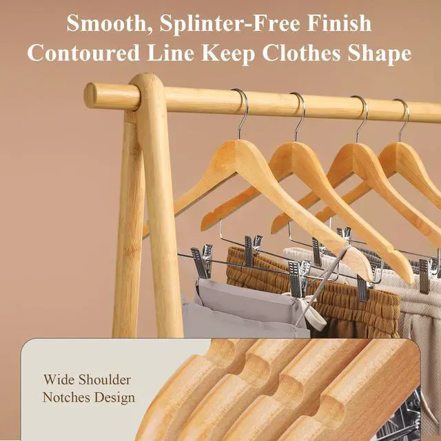 Alt view image 2 of 7 - Wooden Hangers with Clips 12 Pack Wooden Pants Hangers,Skirt Hangers with Adjustable Clips,Hangers for Pants,Jeans,Slacks,ShortsNatural