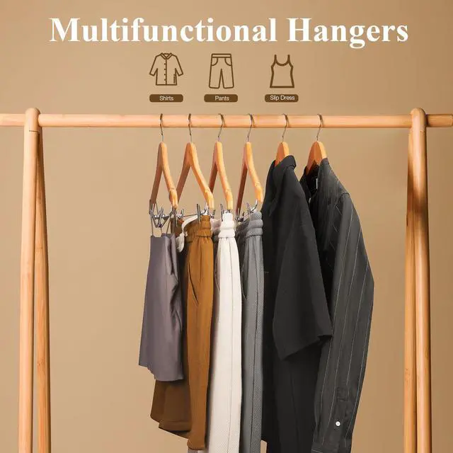 Alt view image 6 of 7 - Wooden Hangers with Clips 12 Pack Wooden Pants Hangers,Skirt Hangers with Adjustable Clips,Hangers for Pants,Jeans,Slacks,ShortsNatural