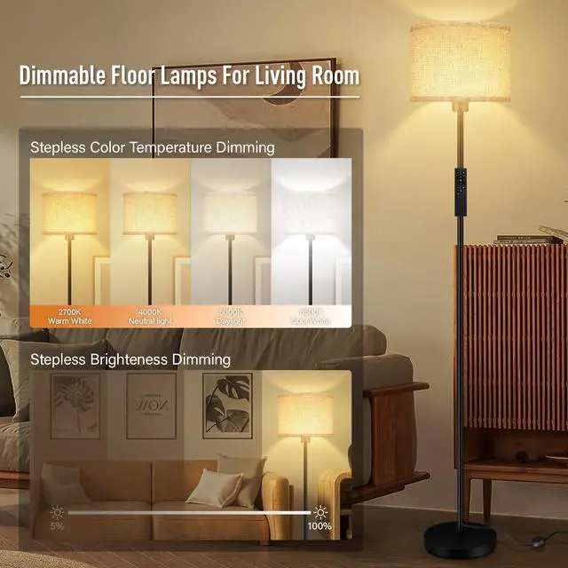 Alt view image 2 of 7 - Floor Lamps for Living Room, Stepless Dimmable Floor Lamp with Remote, 2700K-6500K Colors Temperature & Brightness Adjustable,10W/1200LM Bright LED Floor Lamp, Modern Standing Lamp for Bedroom/Office