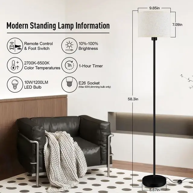 Alt view image 3 of 7 - Floor Lamps for Living Room, Stepless Dimmable Floor Lamp with Remote, 2700K-6500K Colors Temperature & Brightness Adjustable,10W/1200LM Bright LED Floor Lamp, Modern Standing Lamp for Bedroom/Office
