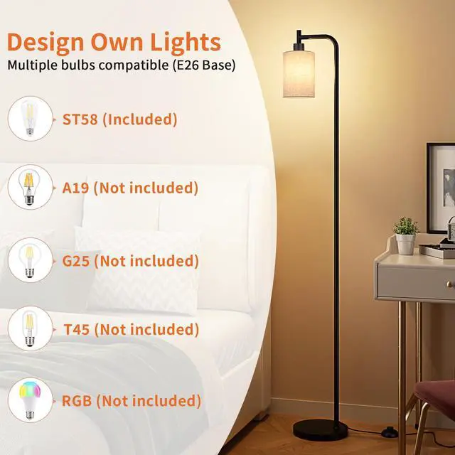 Alt view image 3 of 7 - Floor Lamps for Living Room - Tall Standing Lamp with Linen Shade, Floor Lamp with LED Bulbs, Modern Floor Lamps for Bedroom Office Corner