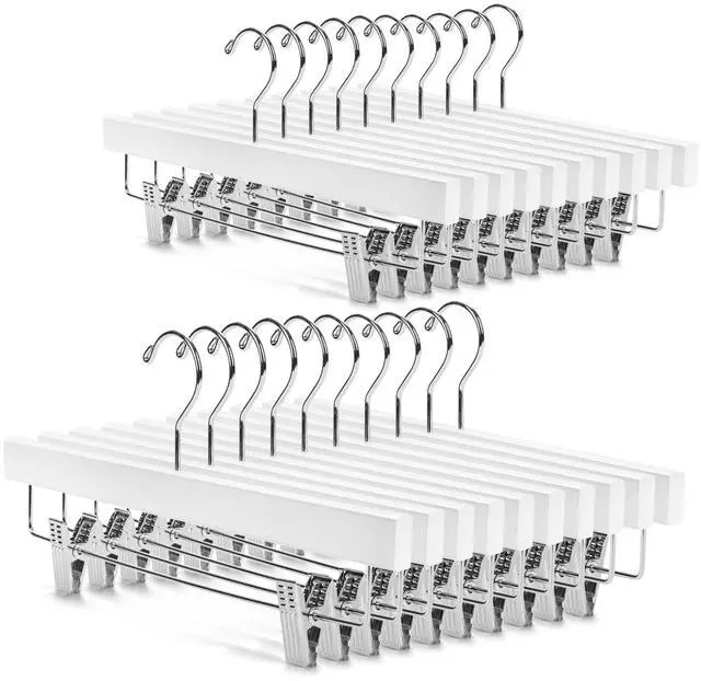 Main image of Deluxe Wooden Pants Hangers Solid Wood Bottom Jeans Hanger Skirt Hanger with 2-Adjustable Clips Pack of 20 (White)